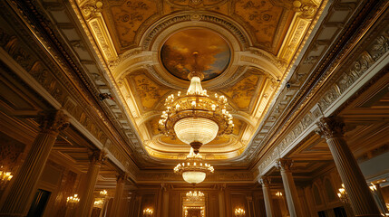 Obraz premium A grand five-star hotel ballroom with intricate ceiling designs and luxurious chandeliers.