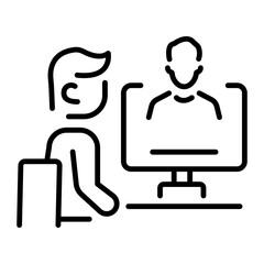 Linear icon of a person sitting in front of a computer for online coaching
