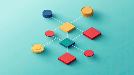 Fototapeta premium Colorful geometric shapes connected by lines on a teal backdrop, representing a digital or creative framework, ideal for design and educational purposes.