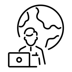 Linear icon of a person sitting at a laptop providing remote assistance service