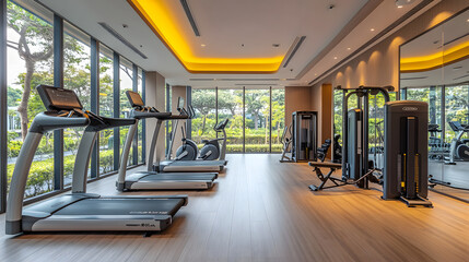 A high-end five-star hotel fitness center with state-of-the-art equipment and large windows.