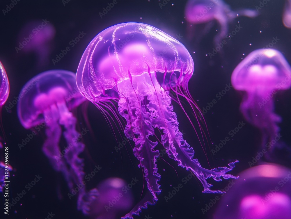 Aufkleber a group of purple, glowing jellyfish floating in the dark sea, glowing with pink light and shadow. t