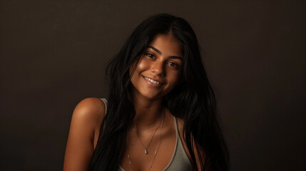 Naklejka premium A young woman with long dark hair and a bright smile, posing against a dark teal background, exuding confidence and warmth. 