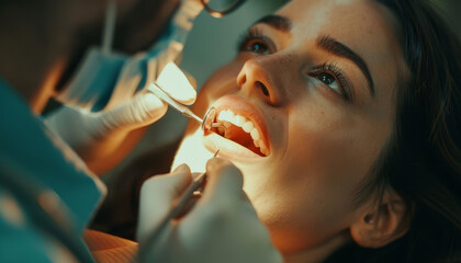 Primo piano viso di una bella donna rilassata mentre riceve un controllo dentistico