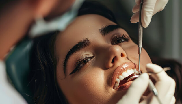 Primo piano viso di una bella donna rilassata mentre riceve un controllo dentistico