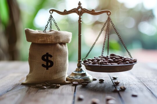 Un sacchetto di caff&egrave; accanto a una bilancia finanziaria, dove da un lato ci sono i chicchi di caff&egrave; e dall'altro i simboli della valuta, che bilanciano il valore di mercato