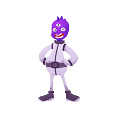 Vector illustration of a purple-headed figure with three eyes wearing an astronaut costume.