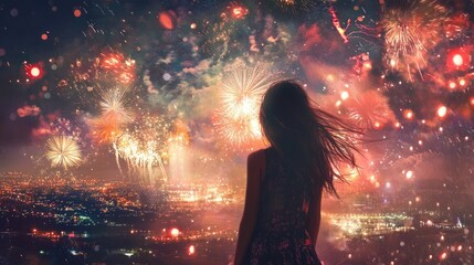 Ethereal Night: A Woman Enraptured by Celestial Fireworks at Music Festival