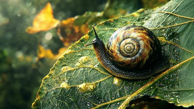 A snail crawls slowly across a large green leaf with a yellow border