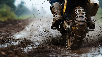 A dirt bike rider kicking up mud during a rainy day on an off-road trail with raindrops blurring the motion.