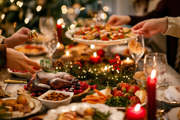Una tavola natalizia apparecchiata con cibo tradizionale, con un primo piano delle mani che servono il cibo, a simboleggiare condivisione e unit&agrave;