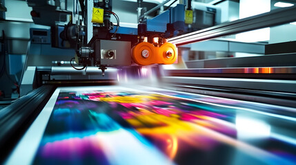 printing machine in action, producing high-quality prints. Ideal for use in advertising, publishing, and graphic design