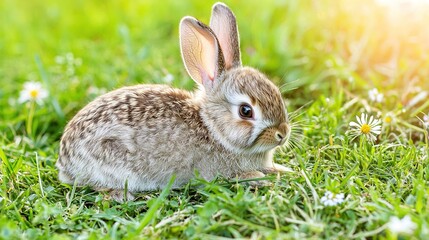 Fototapeta premium A rabbit sits in grass with daisies in the foreground and a sunbeam behind it