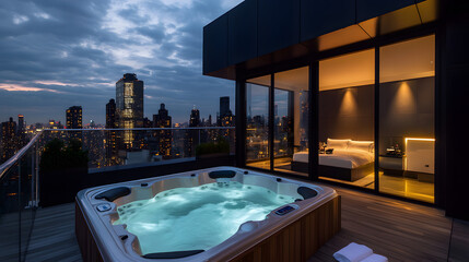 A luxurious five-star hotel penthouse suite with a private rooftop jacuzzi overlooking the city.