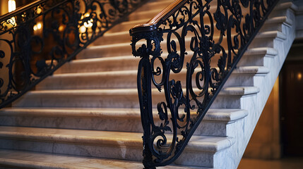 A luxurious five-star hotel staircase with intricate wrought iron railings and marble steps.