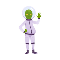 Vector illustration with a friendly alien in a spacesuit with a helmet, yellow eyes