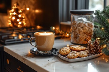winter kitchen decor, winter coffee and freshly baked cookies rest on the counter in a festive kitchen, creating a cozy holiday ambiance