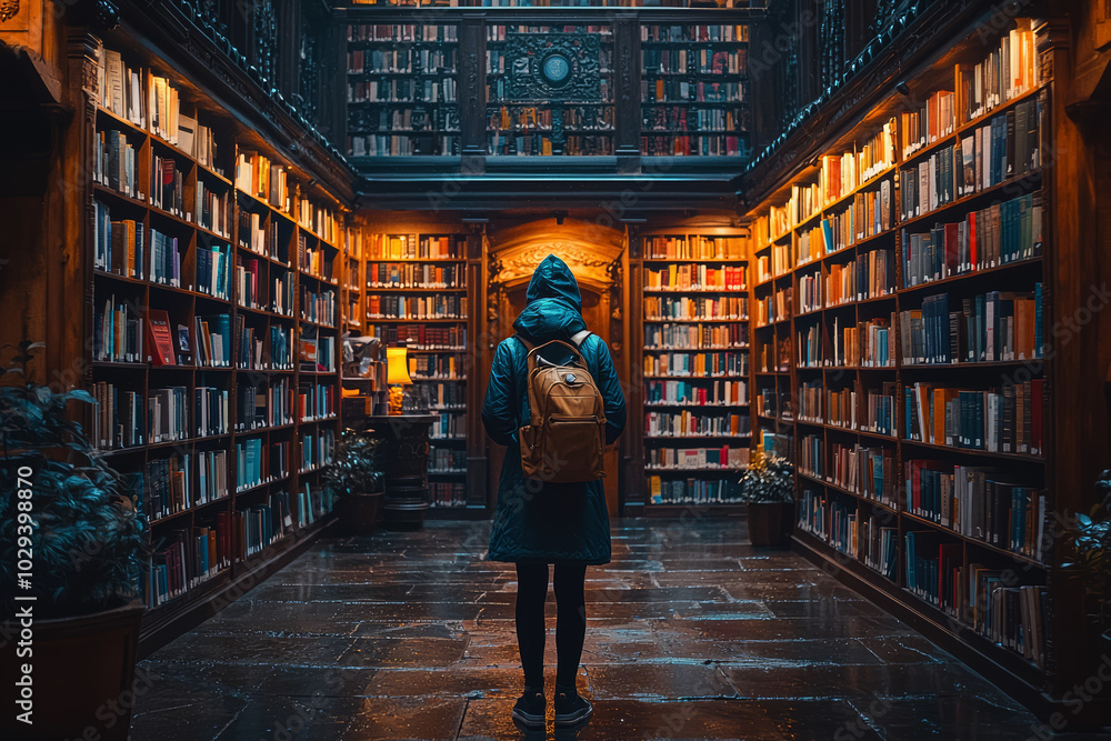 Poster a person in a library where each book represents a different universe, symbolizing the vastness of t