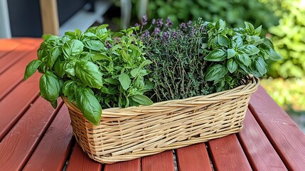 Naklejka premium A freshly stocked herb basket atop a wooden picnic table