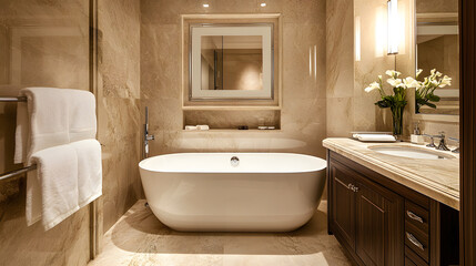 A modern five-star hotel bathroom with marble finishes a freestanding tub and soft lighting.