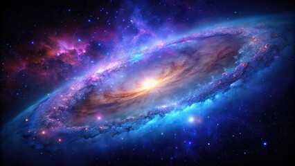 A stunning galaxy with vibrant purple and blue hues, set against a dark inky blackness, nebulae, deep space, galaxy