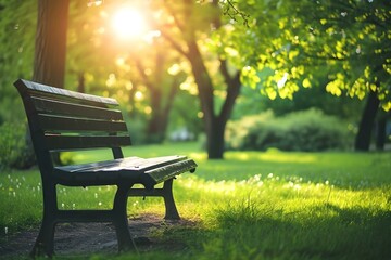 Fototapeta premium Peaceful park bench under trees with warm sunlight
