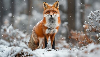 Obraz premium Majestic red fox standing in snowy forest, showcasing its vibrant fur and intense gaze during winter snowfall.