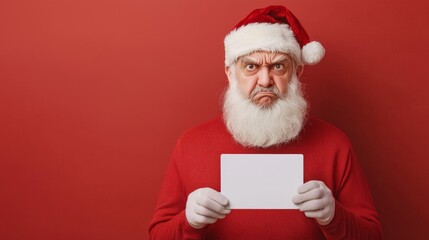 Naklejka premium Grumpy santa's holiday mood a captivating depiction of festive frustration with a blank sign