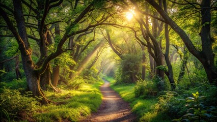 Obraz premium Abandoned forest path winding through dense undergrowth and overgrown trees with dappled sunlight filtering through the canopy, vegetation, dappled light, nature background