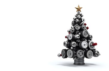 Christmas tree made of car engine parts on a white background, a unique combination of festive and automotive elements.