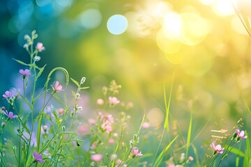 Fototapeta premium Wildflowers in soft sunlight with dreamy bokeh