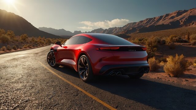 3d car rides on the road to meet the sun, concept 3d render for advertising auto products	8k
