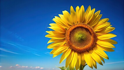Bright yellow sunflower with large petals and dark center against a blue sky background, sunflowers, warm light, garden