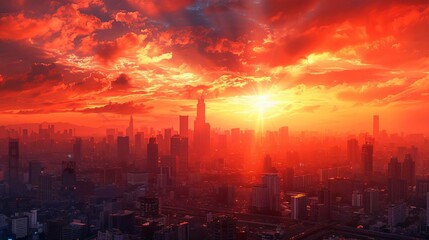 Stunning cityscape during a dramatic sunset with vibrant red and orange sky, featuring skyscrapers and a bustling urban environment.