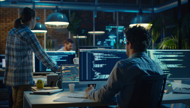 Un team di sviluppatori software che collaborano a un progetto di codifica, con schermi che mostrano linee di codice e diagrammi di flusso in un ufficio moderno