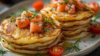 Savory potato pancakes (Herzhafte Kartoffelpuffer) with smoked salmon.
