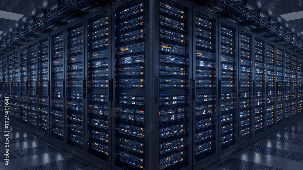 Poster data center powerhouse: rows of towering servers line the expansive data center, a visual testament 