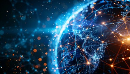 Fototapeta premium Sfondo futuristico astratto di tecnologia digitale, ideale per comunicazioni aziendali su Internet, rete globale e telecomunicazioni a livello planetario