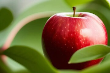 A bright red apple placed on a lush green leaf, highlighting the contrast between the colors.