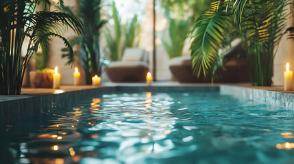 A serene indoor pool in a five-star hotel spa surrounded by tropical plants and candles.