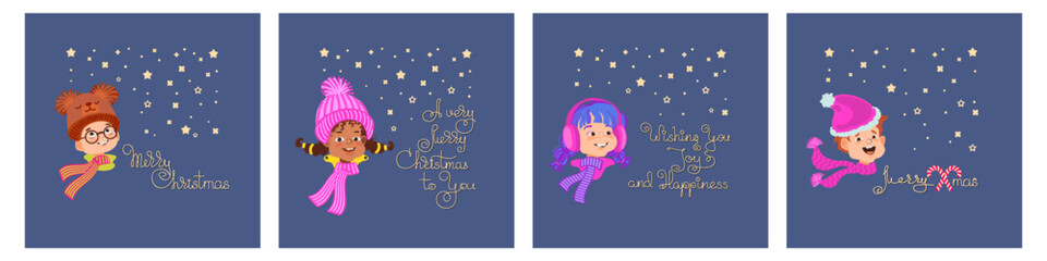 Set of Holiday greeting cards. Happy kids in winter clothes with handwritten inscriptions. Cartoon children isolated on a blue background. Winter Wonderland. Vector illustration.