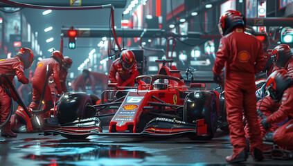 A Formula 1 car undergoing a high-speed pit stop, with crew members working efficiently in a brightly lit pit lane.
