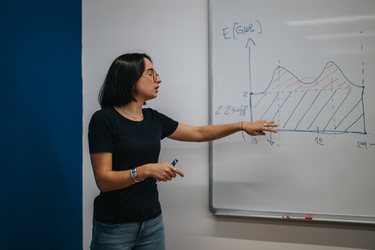 A student confidently presenting a data analysis on a whiteboard, focusing on graphs and statistics during a classroom session. This image captures a learning environment and educational engagement.