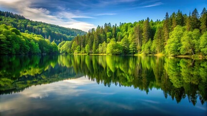 Obraz premium Perfect lake reflection of a green forest with leading lines