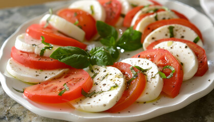 Insalata caprese con fette di mozzarella e pomodoro alternate, su un piatto decorato, illuminato da una luce soffusa e naturale che ne accentua i colori freschi e vivaci