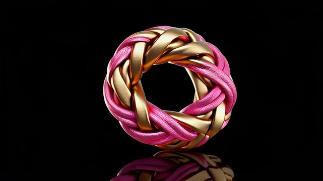 Gold and pink braided circle on black surface, concept of unity