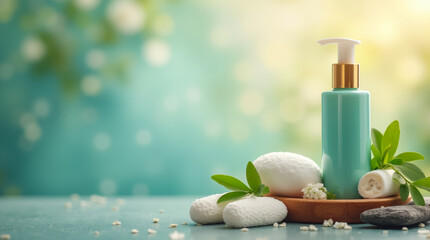 In a serene spa environment, a turquoise lotion bottle sits among soft towels and smooth stones, surrounded by green leaves and a gentle background glow
