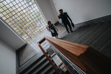 A professor and a student engage in a conversation while ascending stairs in a university building, highlighting academic mentoring and professional guidance in an educational setting.