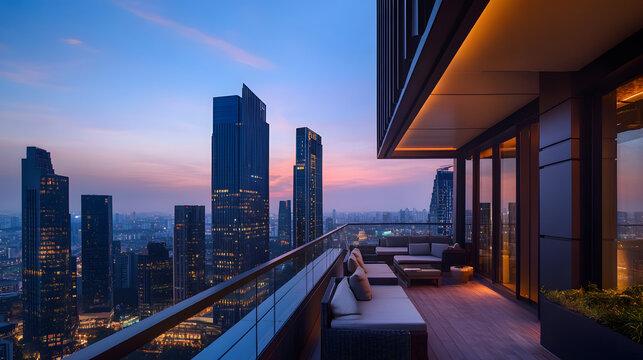 A stunning view from a five-star hotels private balcony overlooking the skyline at dusk.