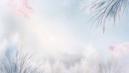 Fototapeta premium Soft winter background with frosty trees and artistic watercolor splashes, seasonal design concept